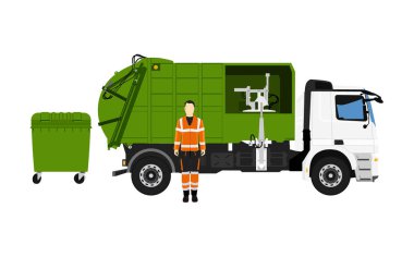 Çöp kamyonu ve sanitasyon işçi. Vektör çizim