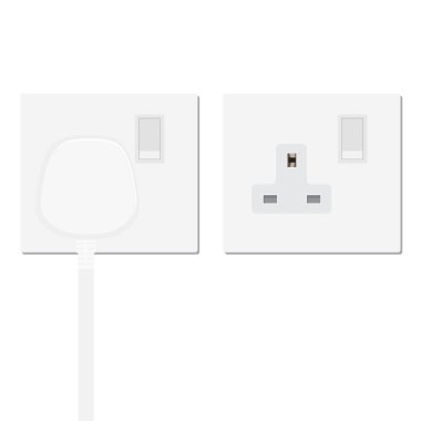 Gerçekçi beyaz fişi elektrik prizine ve priz, beyaz arka plan üzerinde izole eklenmiş. Elektrikli ev aletleri, ekipman bağlamak için aygıt simgesi. Elektrik Tak ve soket. Vektör çizim.