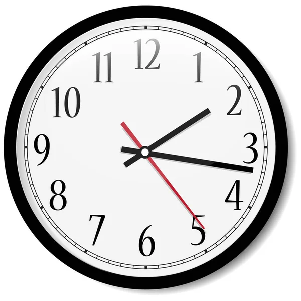 向量简单的经典黑色和白色24小时时钟查出在白色 墙上有阿拉伯数字的时钟显示两点后15分钟 — 图库矢量图片