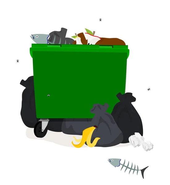 Vector illustration: Green plastic garbage containers with unsorted trash . Rubbish and trash bags lying around dump. Scene with pile of waste that smells ugly and started to decompose. Isolated on white. — Stock Illustration Vector Illustration Green Plastic Garbage Containers Unsorted Trash Rubbish Trash Vector Graphics