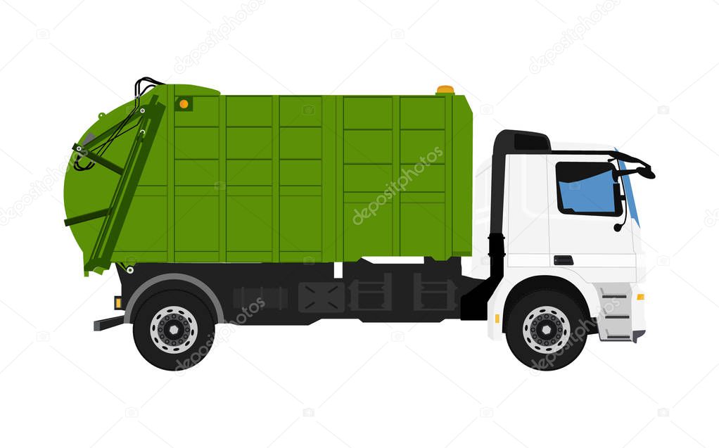Garbage truck isolated on white background. Vehicle for waste collection. Vector illustration
