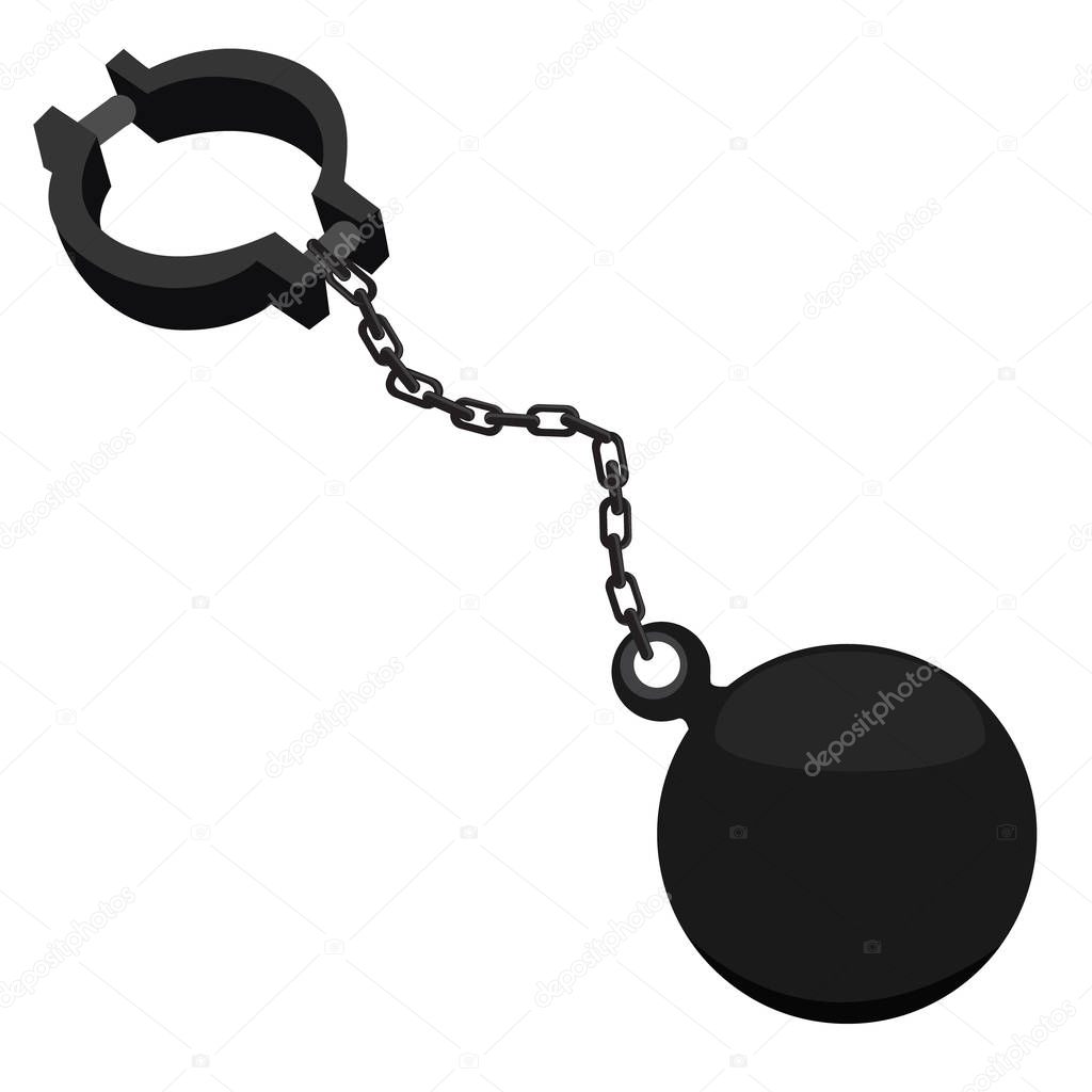 Vector illustration ball on chain. Shackle icon. Jail chain with heavy shackle. Prison ball and chain