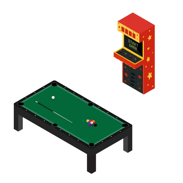 Game Room Concept Arcade Spel Machine Pool Biljarttafel Geïsoleerd Wit — Stockvector