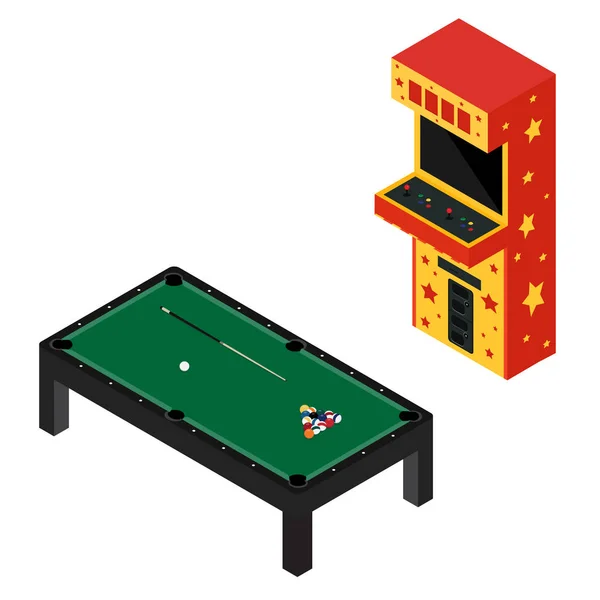 Game Room Concept Arcade Spel Machine Pool Biljarttafel Geïsoleerd Wit — Stockvector