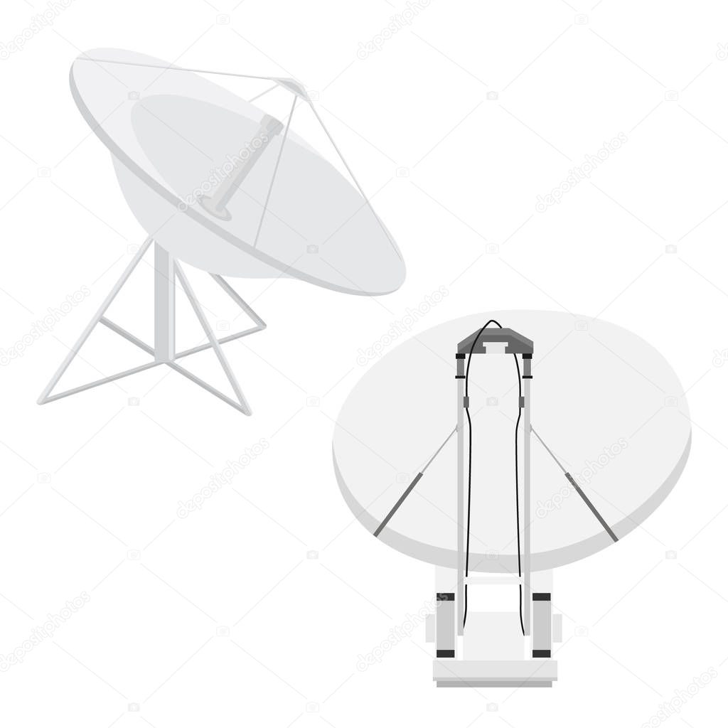 Isometric set Satellite dish antennas on white. Wireless communication equipments