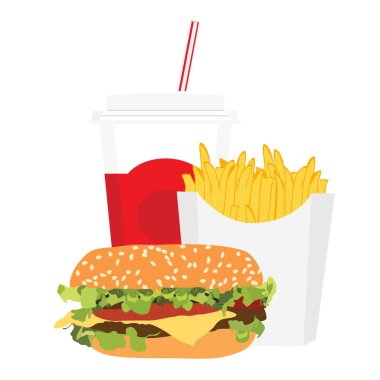 Patates kızartması, hamburger ve soda ile Fast food yemek paket servisi olan restoran arka plan üzerinde izole iç. Fast food simgesi. Sağlıksız yeme