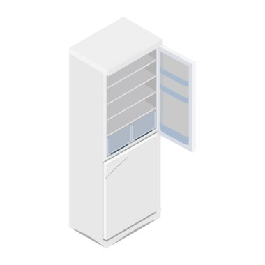 Vektör çizim izometrik gri boş buzdolabı. Buzdolabı ya da buzdolabı simgesi