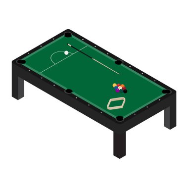 Vektör çizim gerçekçi Bilardo masası ile bilardo topları ve işaret kümesi. Bilardo masası yeşil kumaş izometrik 3 boyutlu perspektif ile
