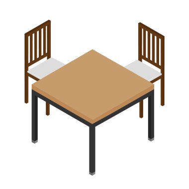İzometrik ahşap masa ve iki sandalye üzerinde beyaz izole. İç tasarım öğeleri. Mobilya