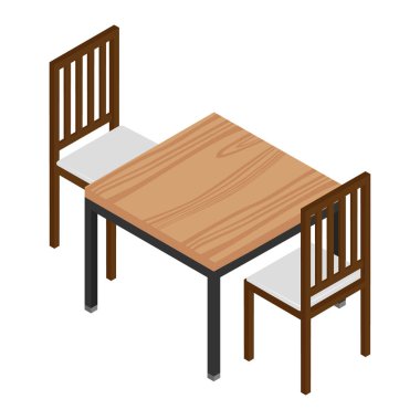 İzometrik ahşap masa ve iki sandalye üzerinde beyaz izole. İç tasarım öğeleri. Mobilya