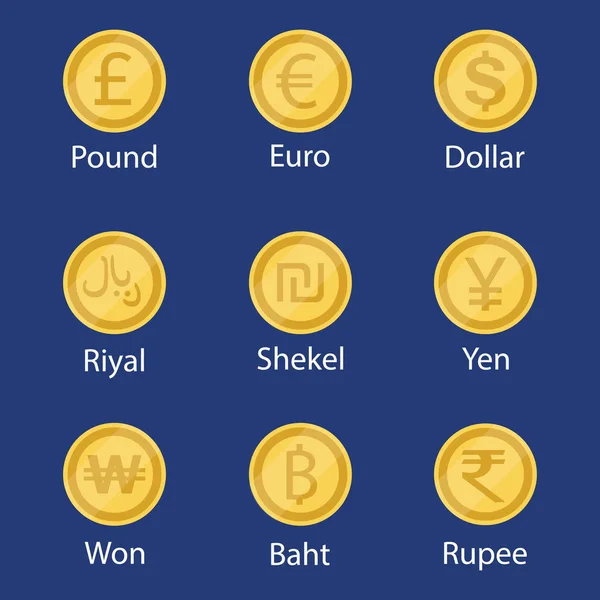Serie Monete Simbolo Valuta Mondiale Collezione — Vettoriale Stock