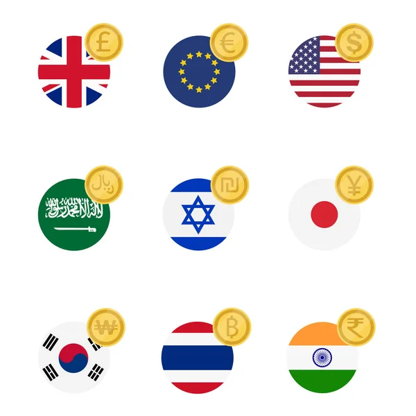 Världen Valuta Flaggor Och Mynt Symboluppsättningen Samling — Stock vektor