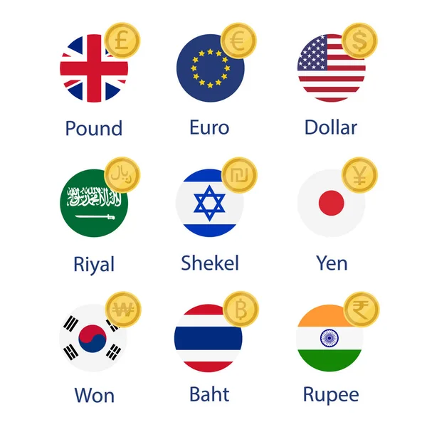 Світові Валютні Прапори Набір Символьних Монет Колекція — стоковий вектор