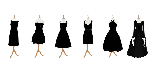 Conjunto Negro Diseño Diferente Elegante Cóctel Vestidos Mujer Noche Maniquí — Vector de stock