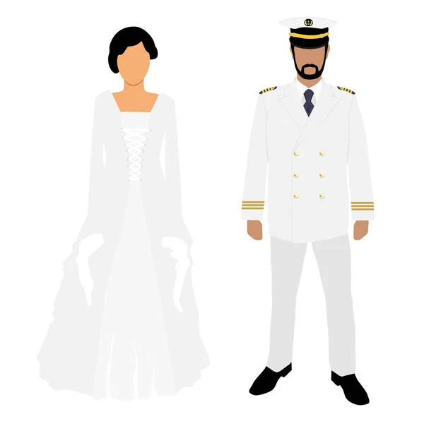Γυναίκα Άσπρο Γαμήλιο Φόρεμα Και Άνθρωπος Καπετάνιος Στην Λευκή Στολή — Διανυσματικό Αρχείο
