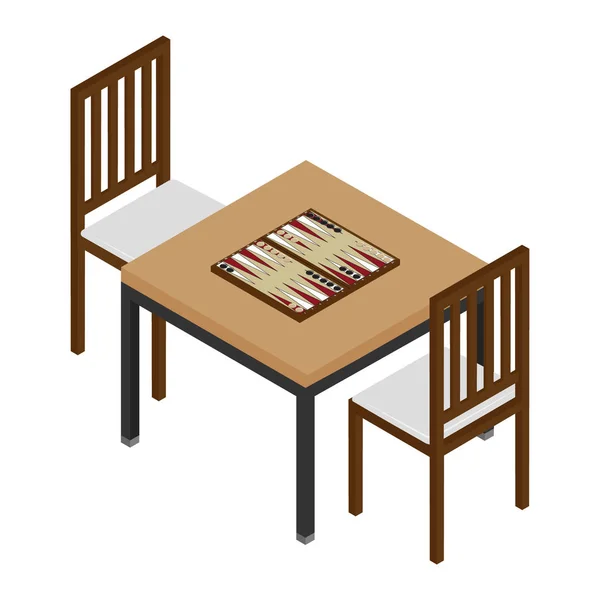 游戏用的亚光西洋双陆木制板和筹码 带棋盘游戏和两把椅子的桌子 — 图库矢量图片