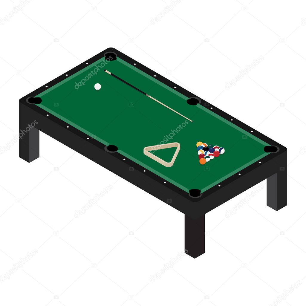 Vector illustration realistic pool table with set of billiard balls and cue. Billiard table with green cloth isometric 3d perspective