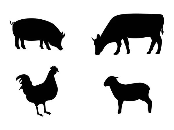 Raster Farm Animals Silhouettes Isolated White Livestock Poultry Icons — Stock Photo, Image