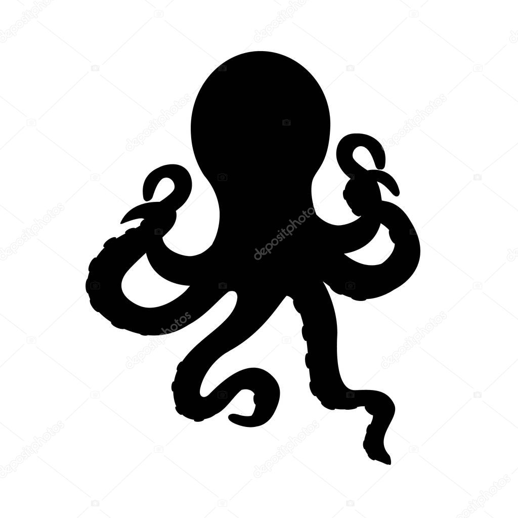 Template for logos, labels and emblems with black silhouette of octopus. Raster illustration.
