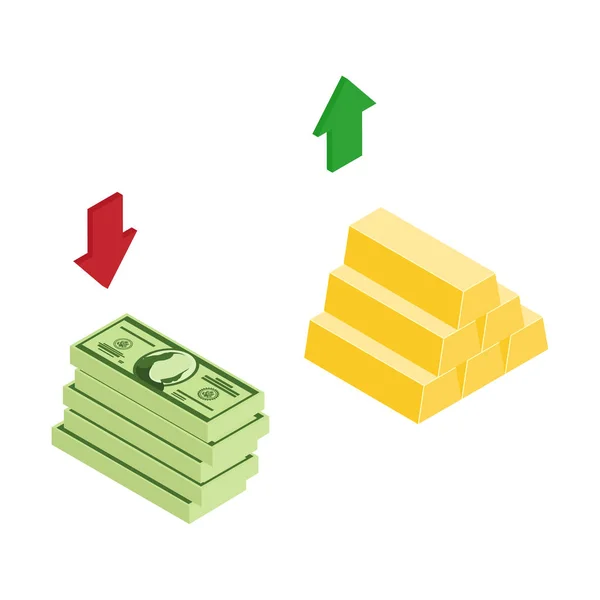 等尺性の黄金の金の延べ棒や上下の矢印ドル紙幣 通貨交換レートの概念 ラスター図 — ストック写真