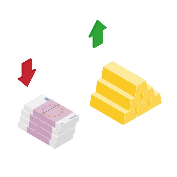 Isometrisk Gyllene Guld Bar Och Eurosedlar Och Pilarna Valuta Excange — Stockfoto
