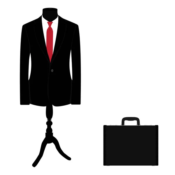优雅的黑色西装与红色领带上的人体模型和黑色皮革公文包光栅插图 商人概念 — 图库照片