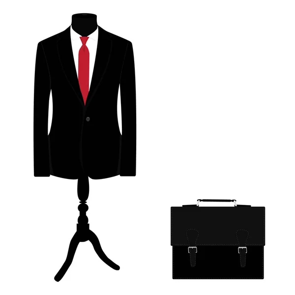 优雅的黑色西装与红色领带上的人体模型和黑色皮革公文包光栅插图 商人概念 — 图库照片