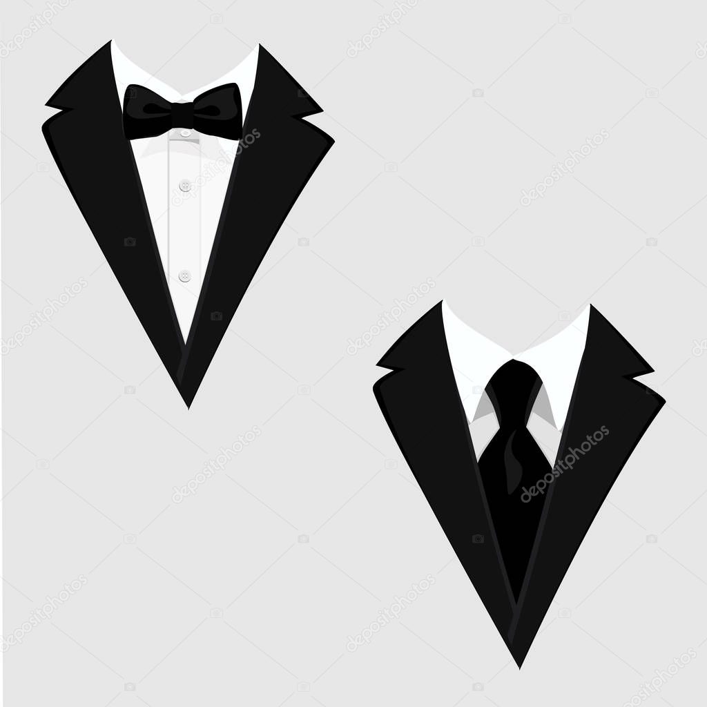 Men's jackets. Tuxedo. Wedding suits with bow tie and with necktie. Raster illustration