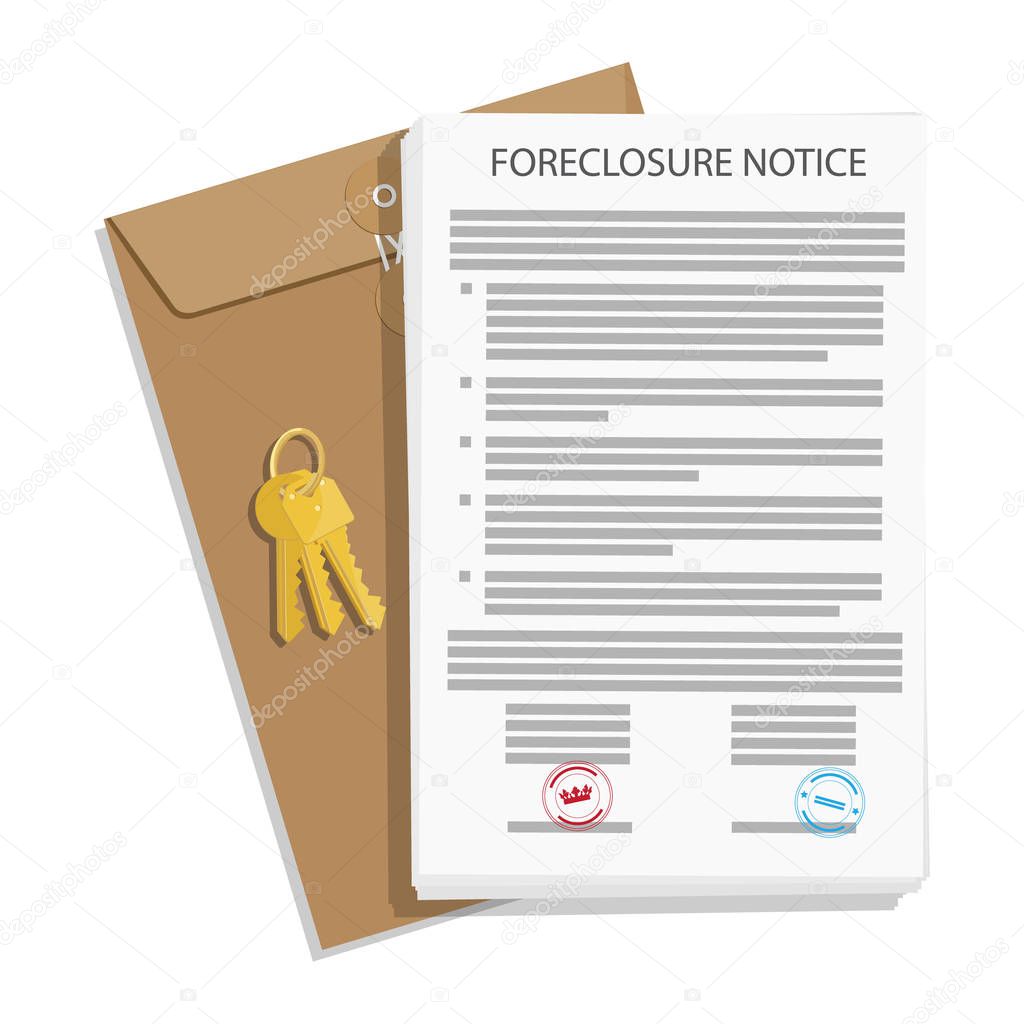 Foreclosure notice, envelope and keys. Raster illustration.