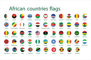 Afrika'nın daire bayrakları alfabetik olarak sıralanır. Yuvarlak bayrakları kümesi. Raster illüstrasyon.