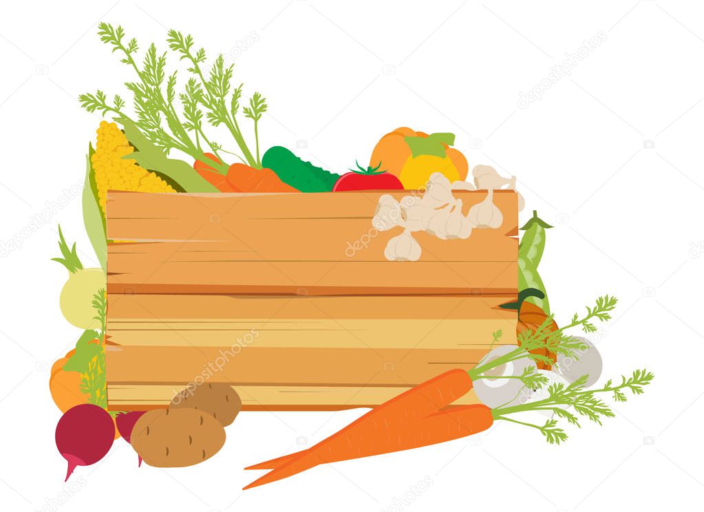 A wooden vegetables sign background surrounded by a border of fresh vegetables food produce