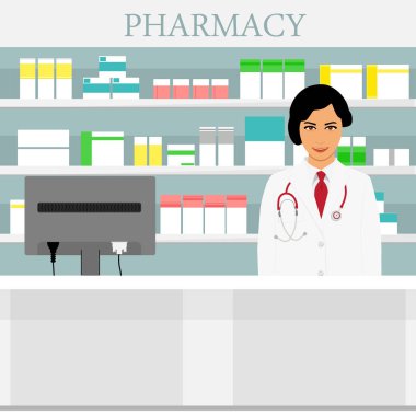 Kadın eczacı eczane veya eczane. Raster illüstrasyon