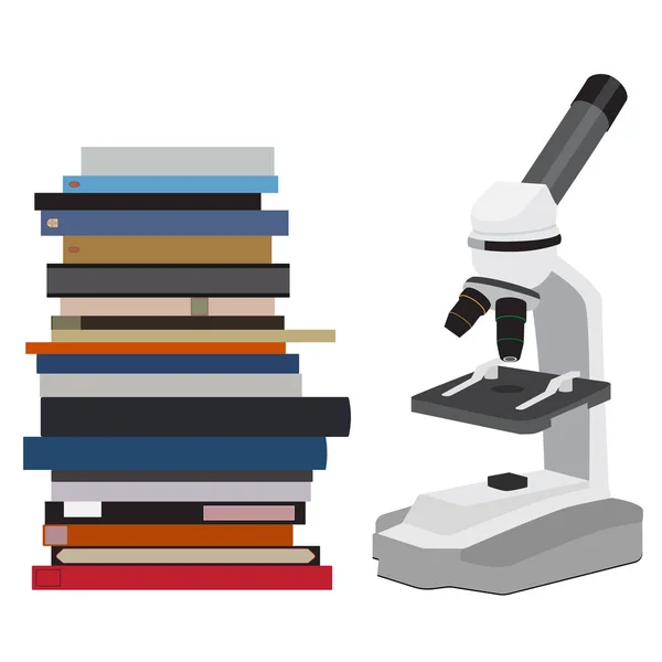 Microscope Pile Livres Isolés Sur Blanc Éducation Concept Recherche — Photo