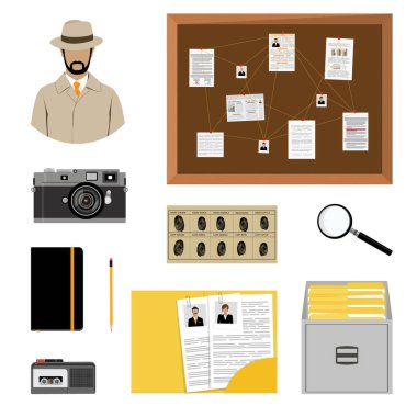 Dedektif, araştırmacı raster Icon set. Raster resim. Dedektif karakter ekipman ile