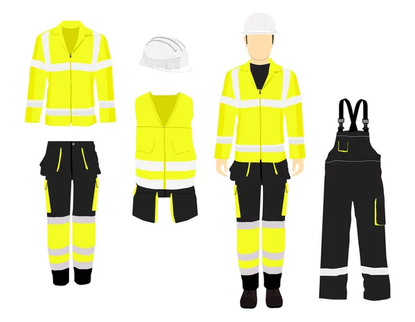 制服を着た男性労働者 プロの防護服 ブーツと黄色い安全ヘルメット な人間の図になります 背面図 — ストック写真