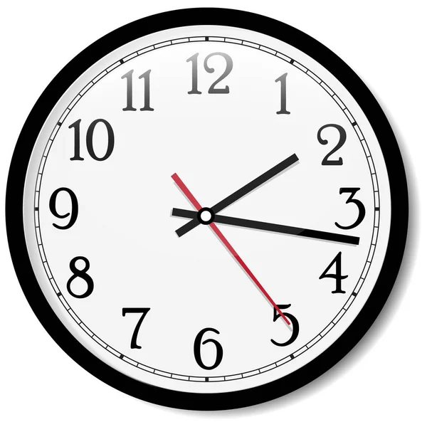 栅格简单的经典黑色和白色的挂钟隔离在白色 墙上有阿拉伯数字的时钟显示两点后15分钟 — 图库照片