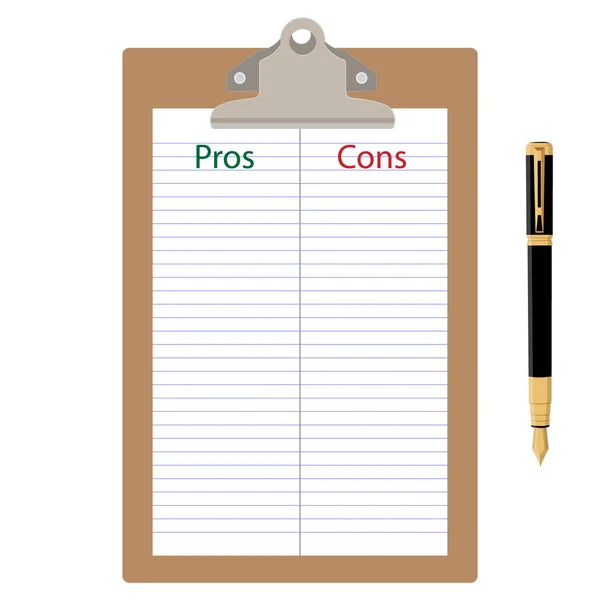 Pros Cons Concept Pros Cons List Paper Clipboard Pen Raster — Stock Photo, Image