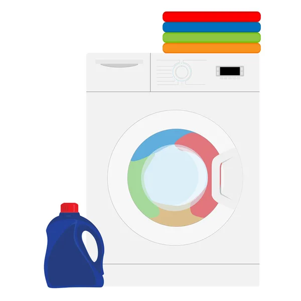 Wäsche Waschmaschine Und Waschmittel Haus Stapel Bunt Gefalteter Kleider Haushaltskonzept — Stockfoto