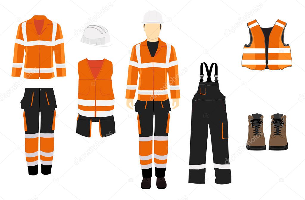 Man worker in uniform. Professional protective clothes, boots and  safety helmet. Various turns man's figure. Front view, side and back view.