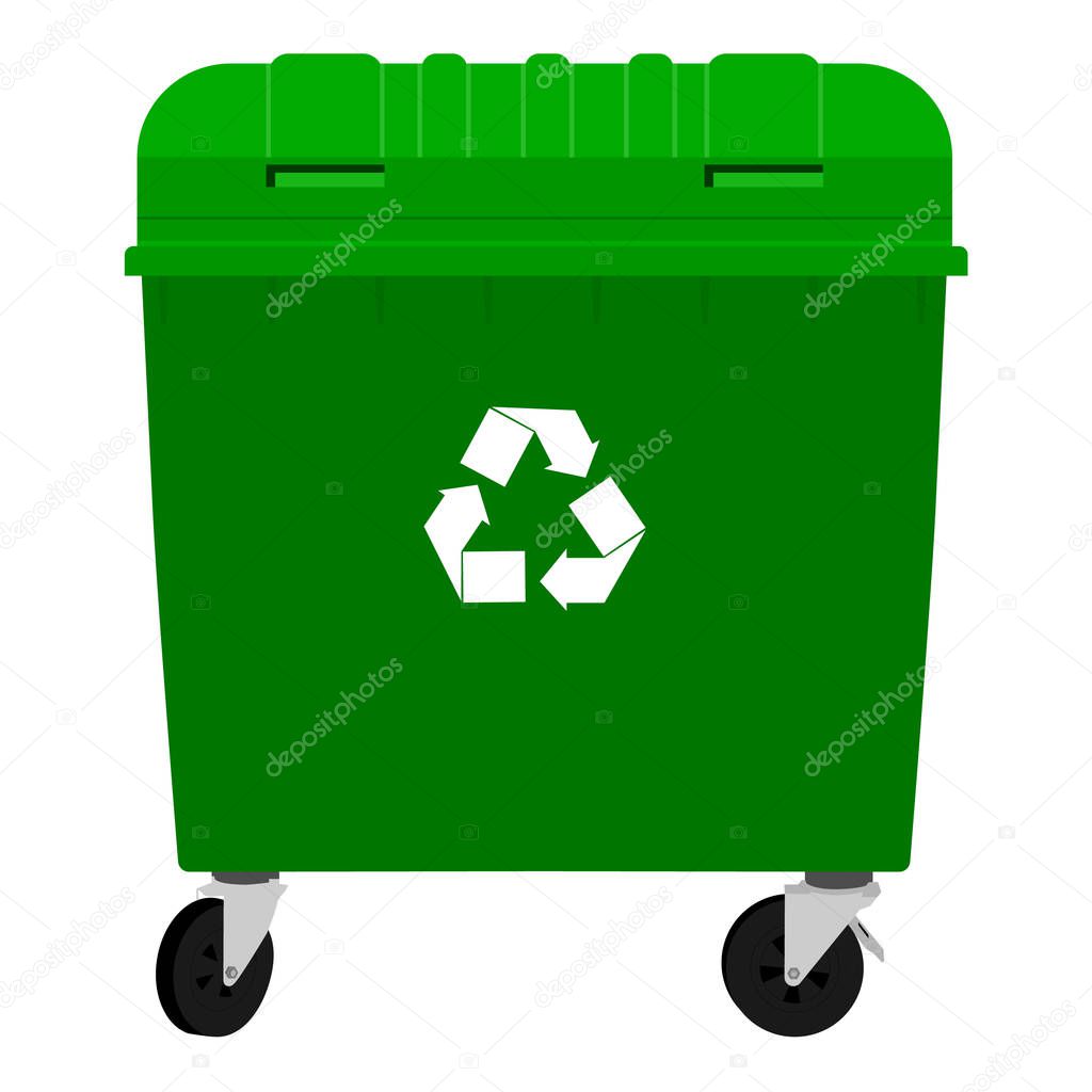 Green garbage container with recycle sign, symbol isolated on white background. Raster illustration. Wheeled dumpster