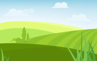 Raster resimde güzel yaz alanların peyzaj bir şafak, yeşil tepeler, parlak renk mavi gökyüzü, ülke arka planda düz çizgi film tarzı afiş ile.