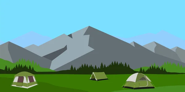 Sonnige Tageslandschaft Illustration Mit Zelt Bergen Und Wald Hintergrund Für — Stockfoto