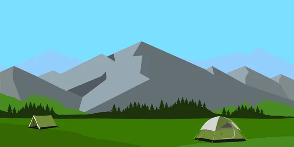 Sonnige Tageslandschaft Illustration Mit Zelt Bergen Und Wald Hintergrund Für — Stockfoto