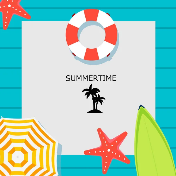 Summer time raster banner design with place for text and colorful beach elements in blue background. Raster illustration. Summer Holiday Banner