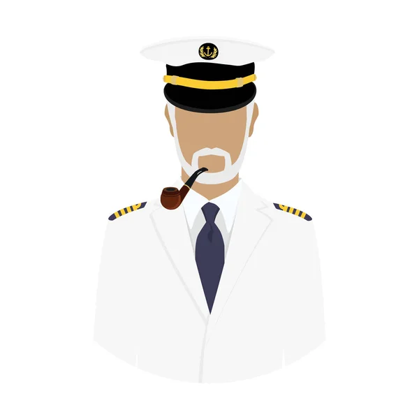 Raster illustration old sea captain with smoking pipe in white uniform. Sailor. Seaman