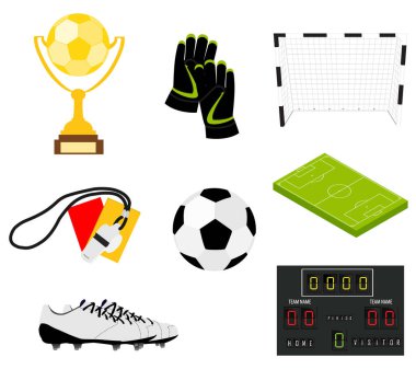 Alan, top, kupa, çetele, düdük, eldiven ve bot izole raster illüstrasyon simge kümesi futbol