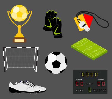 Alan, top, kupa, çetele, düdük, eldiven ve bot izole raster illüstrasyon simge kümesi futbol