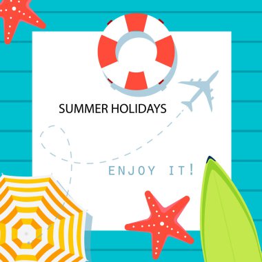 Yaz saati raster banner tasarımı metin ve arka plan mavi renkli plaj öğeleri için yer ile. Raster resim. Yaz tatili afiş