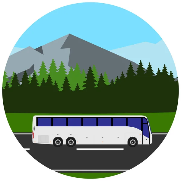 White tourist bus driving on the road raster illustration. Mountain landscape or background. Bus travel road round icon. Bus highway