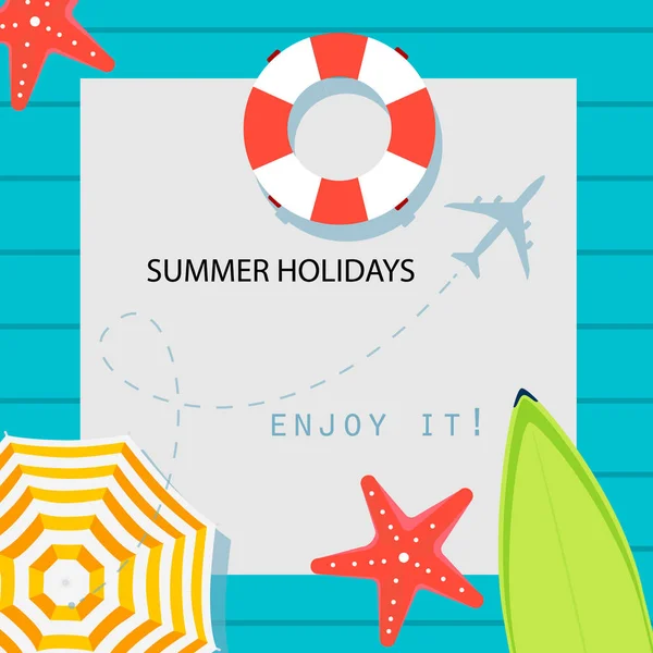 夏季时间栅格横幅设计与地方文本和五颜六色的海滩元素在蓝色背景 栅格插图 暑假横幅 — 图库照片